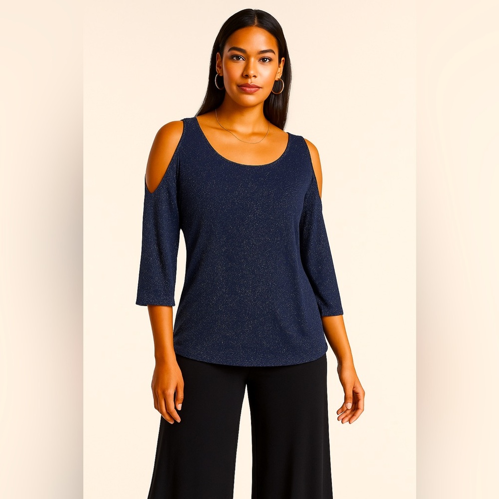 7th Avenue Design Studio Women’s Blue Silver M Glam Holiday cold shoulder top